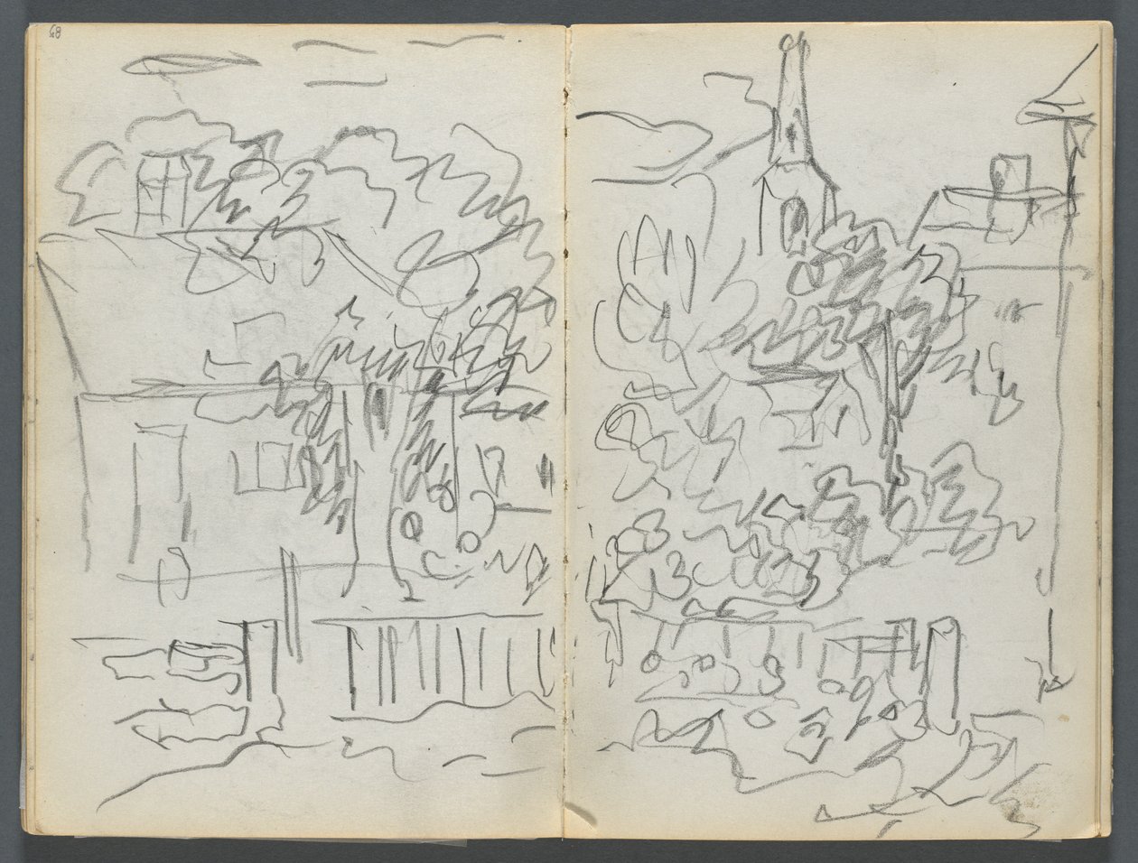 Skicák, The Dells, č. 127, strana 084 a 85: Krajina s domy a věží od Maurice Prendergast
