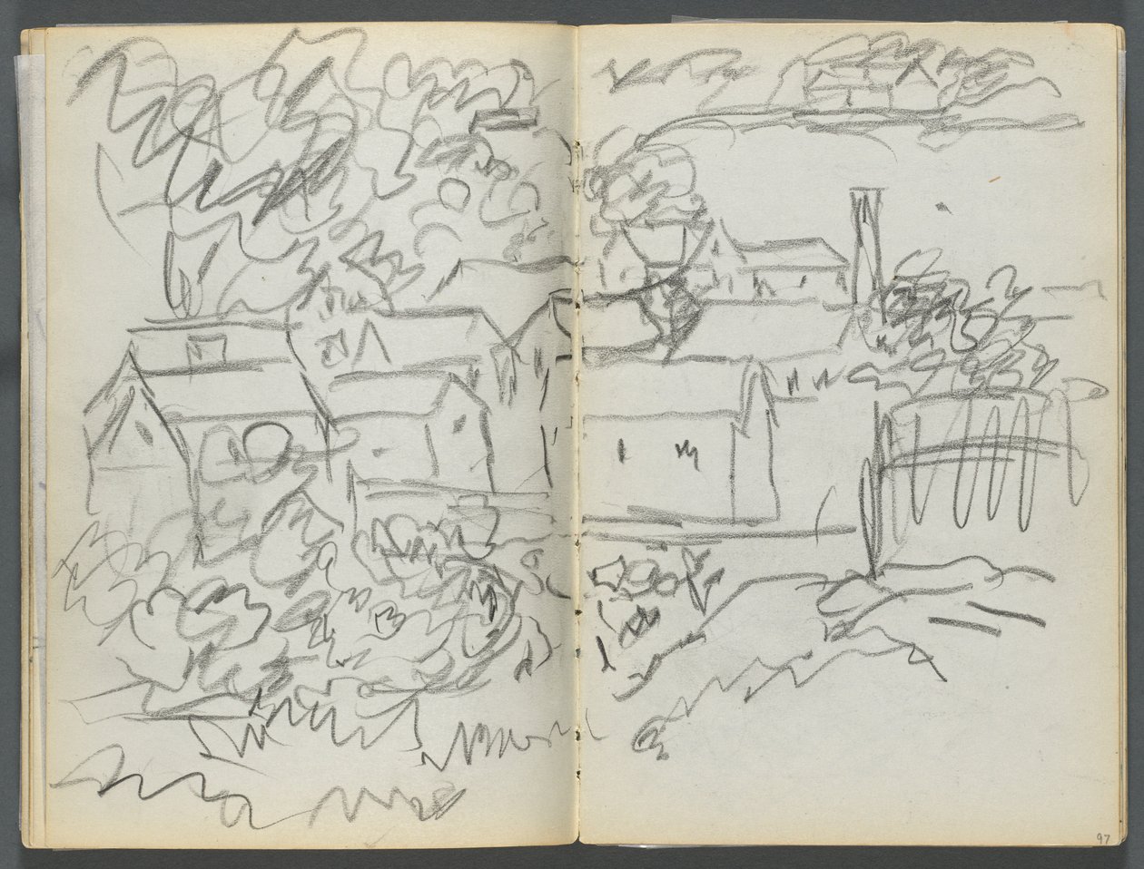 Skicář, The Dells, č. 127, strana 096 a 97: Krajina s domy od Maurice Prendergast