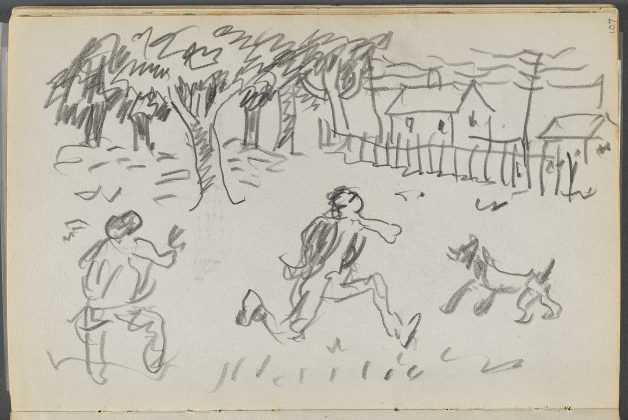 Skicář, The Dells, č. 127, strana 107: 107, str. 1. Krajina s postavami a psem od Maurice Prendergast
