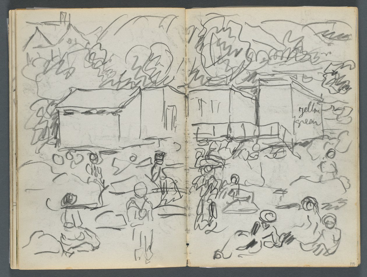 Skicář, The Dells, č. 127, str. 114 a 115: Krajina s postavami a budovami od Maurice Prendergast