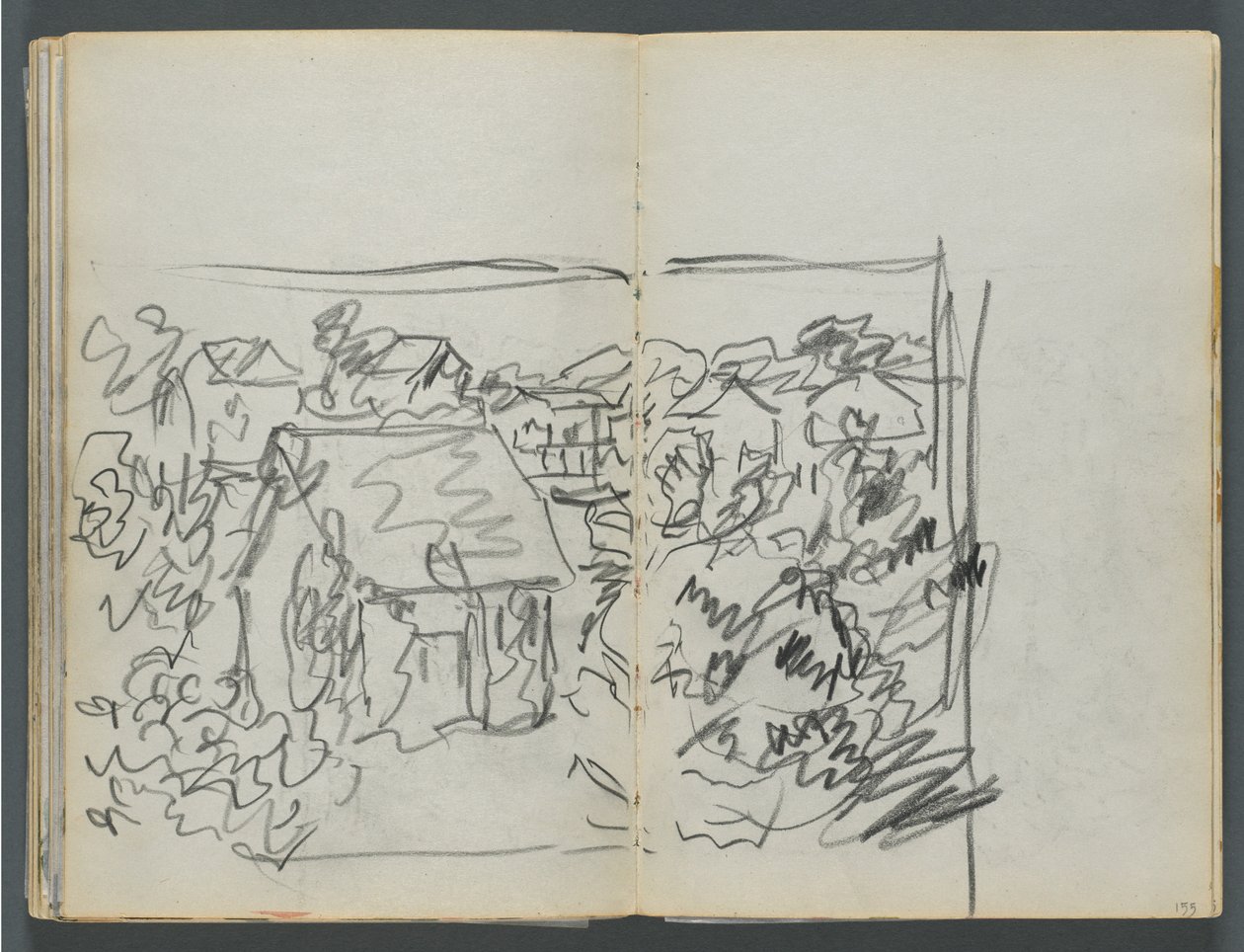 Skicář, The Dells, č. 127, strana 154 a 155: 154, str. 2: Krajina s domy od Maurice Prendergast