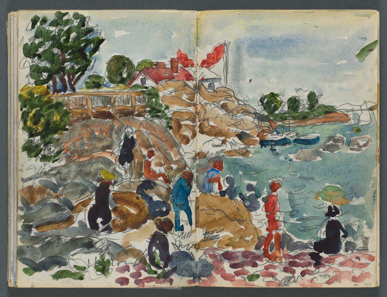 Skicář, The Dells, č. 127, strany 158 a 159: Pobřežní krajina s postavami od Maurice Prendergast