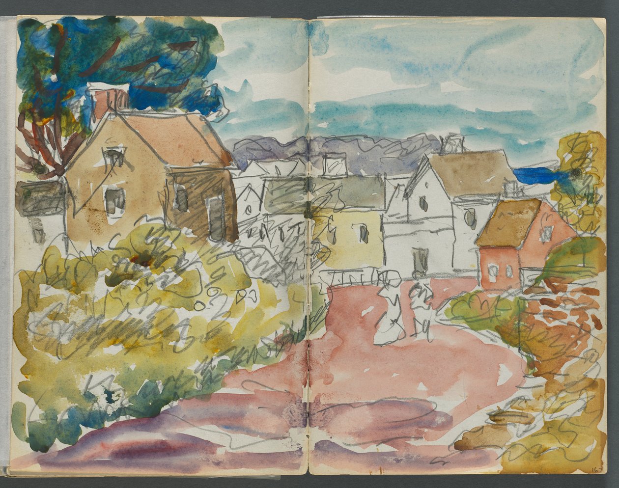Skicář, The Dells, č. 127, strany 166 a 167: Vesnice s domy a cestou od Maurice Prendergast