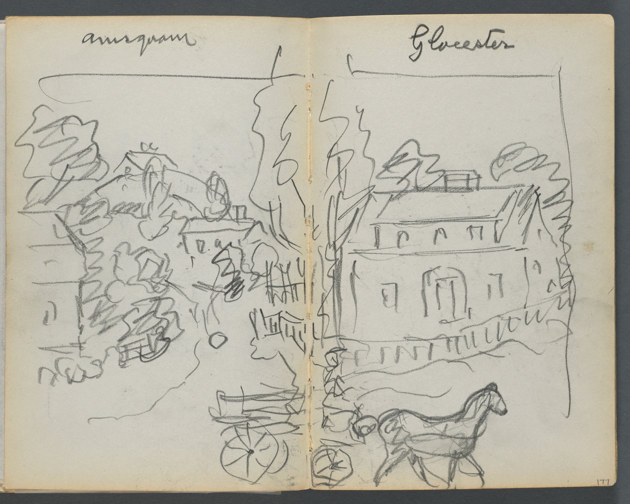 Skicář, The Dells, č. 127, strana 176 a 177: "Annisquam - Glocester" od Maurice Prendergast