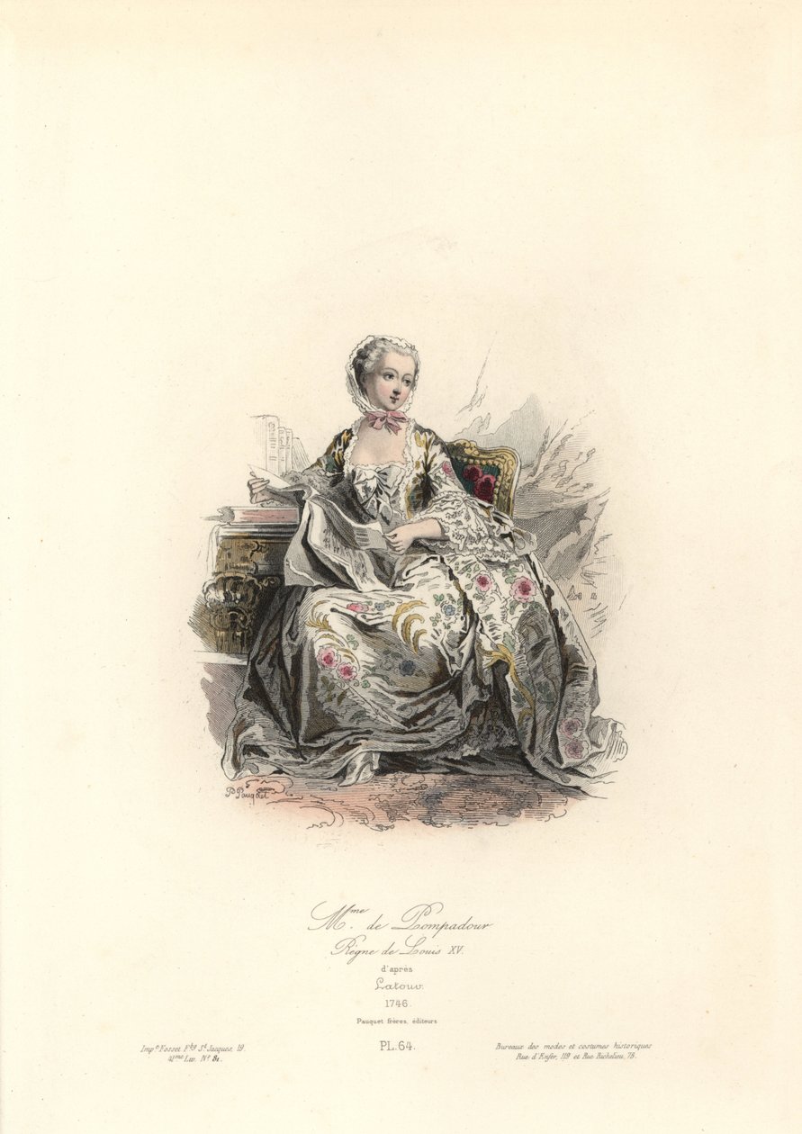 Jeanne-Antoinette Poisson, Madame de Pompadour (1721-1764) byla hlavní milenkou krále Ludvíka XV. Ručně kolorovaná ocelorytina od Polidora Pauqueta podle Maurice Quentina de La Tour (1748-55) z knihy bratří Pauquetů "Modes et Costumes Historique" (Historic od Maurice Quentin de la (after) Tour