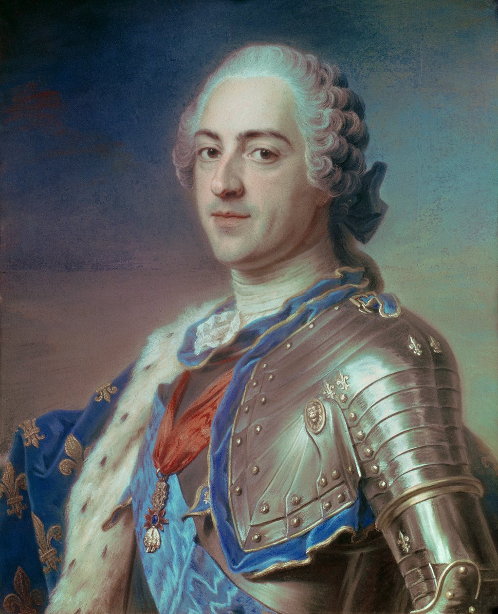 Portrét Ludvíka XV. (1710 - 1774) v brnění, se šňůrami Řádu svatého Ducha a zlatým rounem. Pastel od Maurice Quentina Delatour známý jako Quentin De La Tour nebo Quentin De Latour (1704-1788) od Maurice Quentin de La Tour