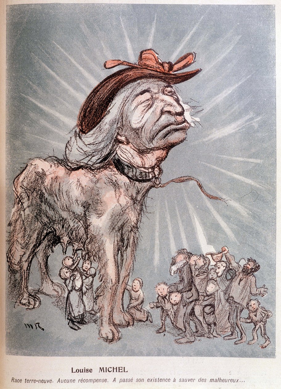Karikatura Louise Michela jako psa "" plemene newfoundland (Newfoundland), žádná odměna, strávila svou existenci zachraňováním nešťastníků." od Maurice Radiguet