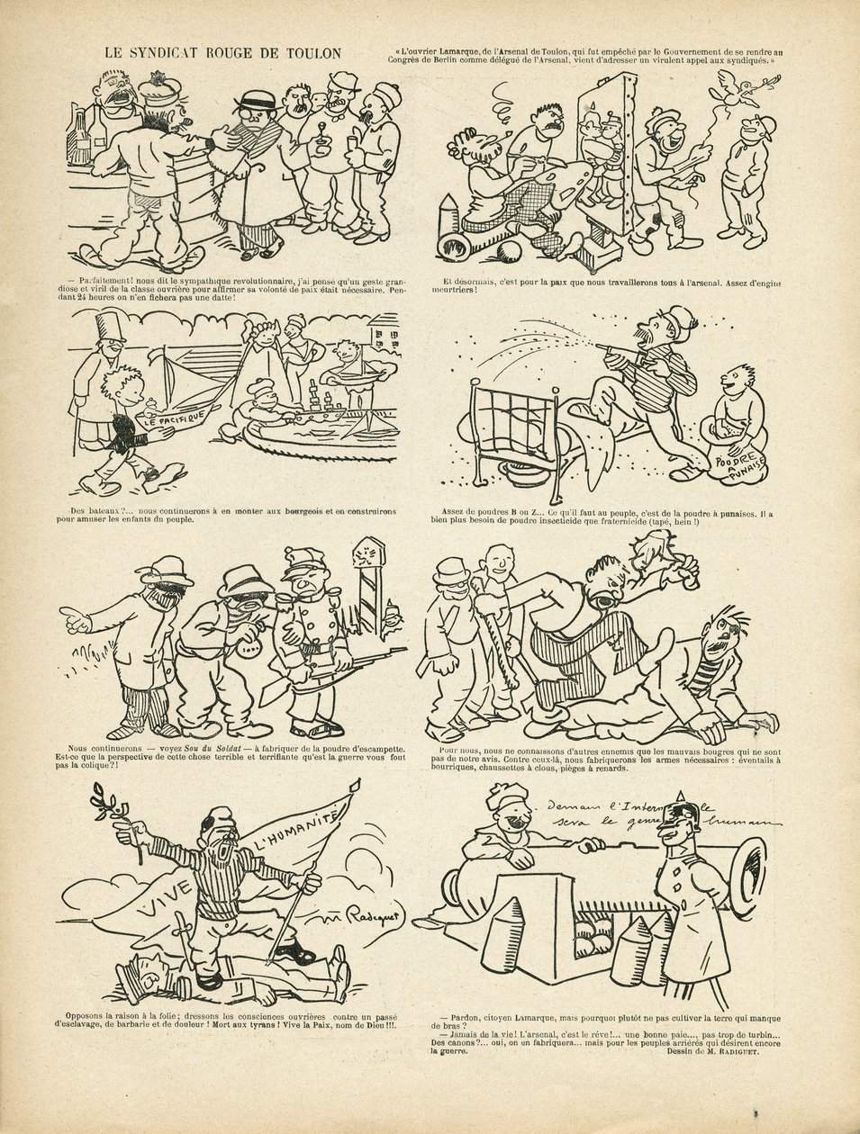 Ilustrace Maurice Radigueta (1866-1941) v Le Rire, 21. 12. 12 - Le syndicrouge de Toulon - syndikalismus, Toulon od Maurice Radiguet