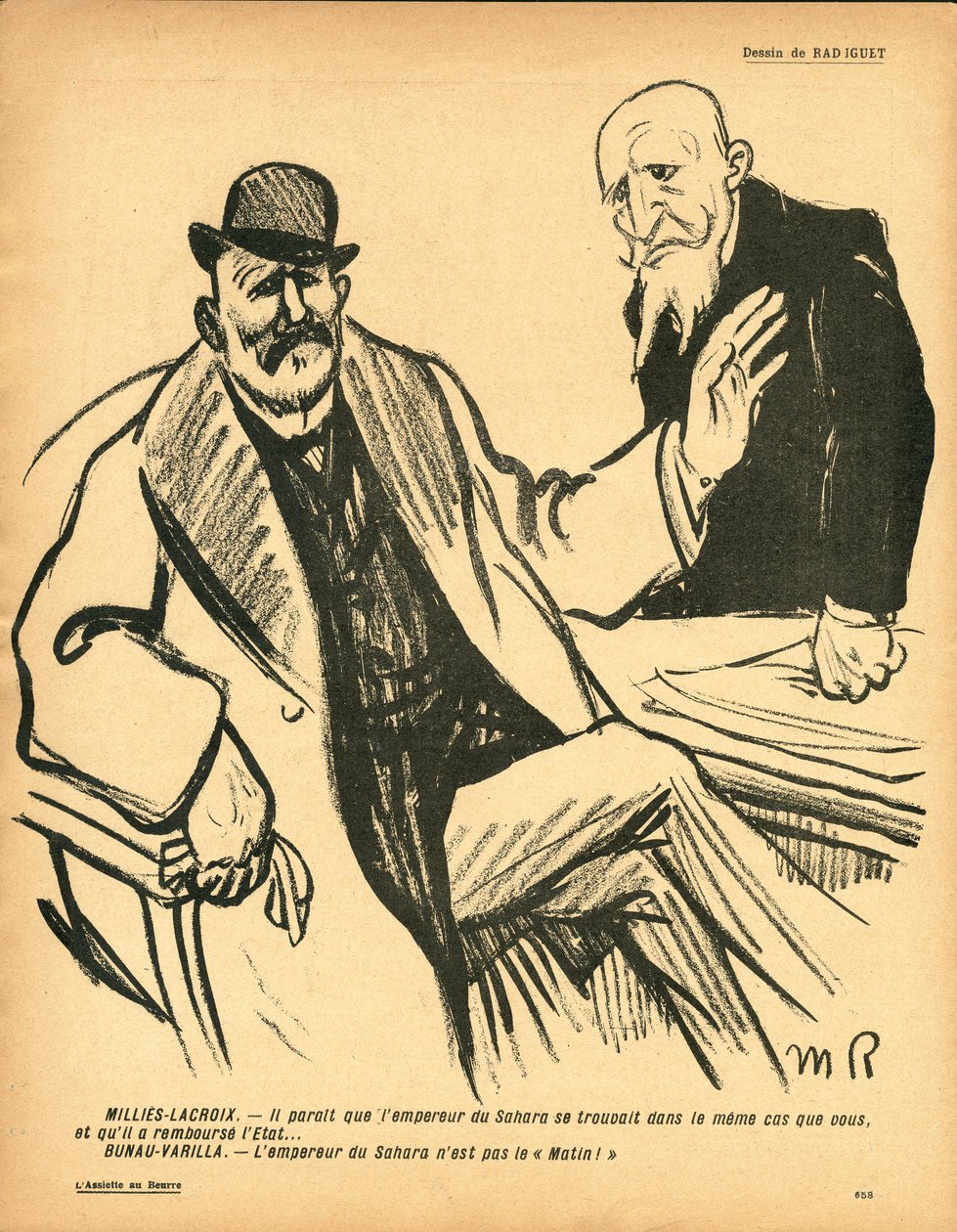 Máslový talíř, číslo 353, satirický v barvách od Maurice Radiguet