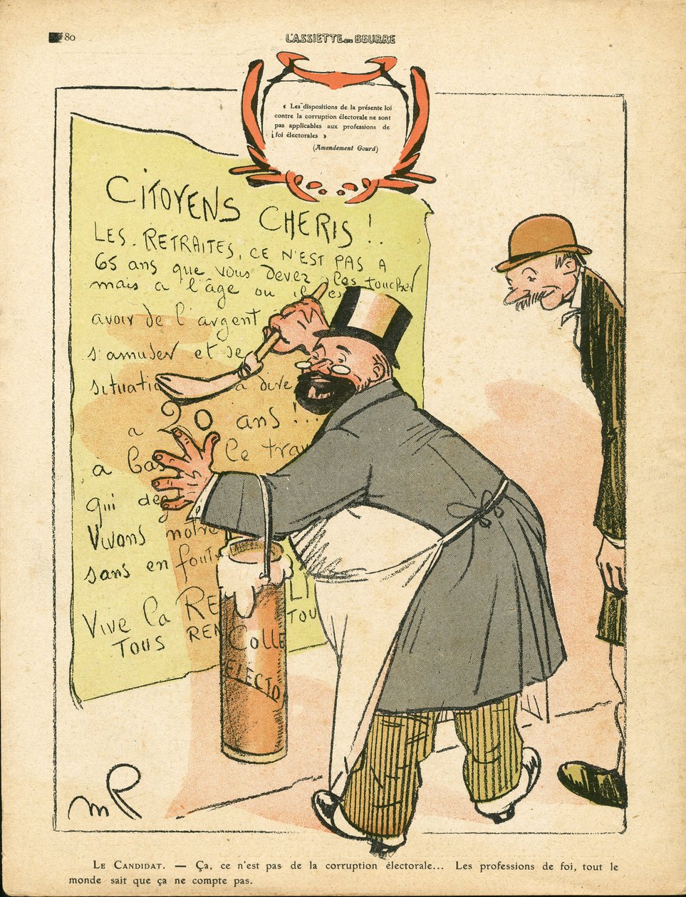 Máslový talíř, číslo 473, satirický v barvách od Maurice Radiguet