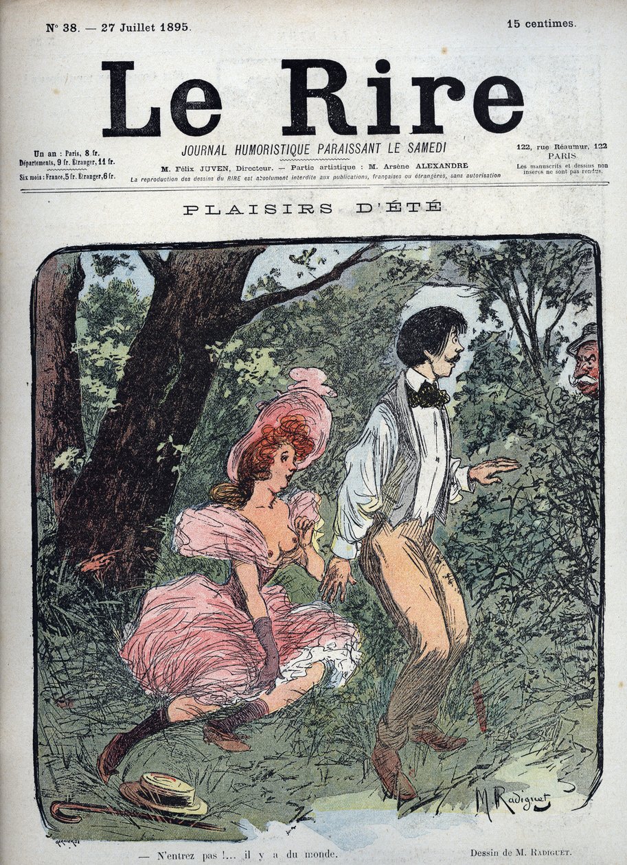 Summer Plaisirs - Dva milenci jsou v lese překvapeni kolemjdoucím - Lustrace Maurice Radigueta (1866-1941) pro francouzský časopis ""Le Rire"" číslo 38 de 1895 od Maurice Radiguet