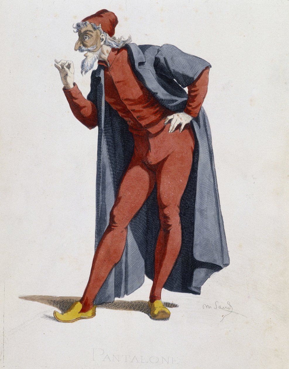 Kostým a divadelní postava: Pantalone (Kalhoty, doktor) Pneumatika z „“ Masques et bouffons““ (italská komedie), text a kresby Maurice Sand, grafiky A. Manceau, předmluva Georges Sand, Paříž, Michel Lévy Frères od Maurice Sand