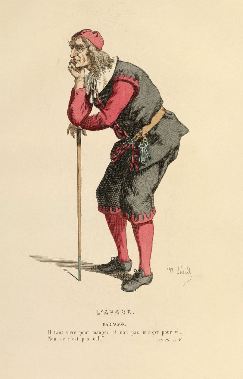 Kostým pro roli Harpagona, asi 1868 (rytina) od Maurice Sand
