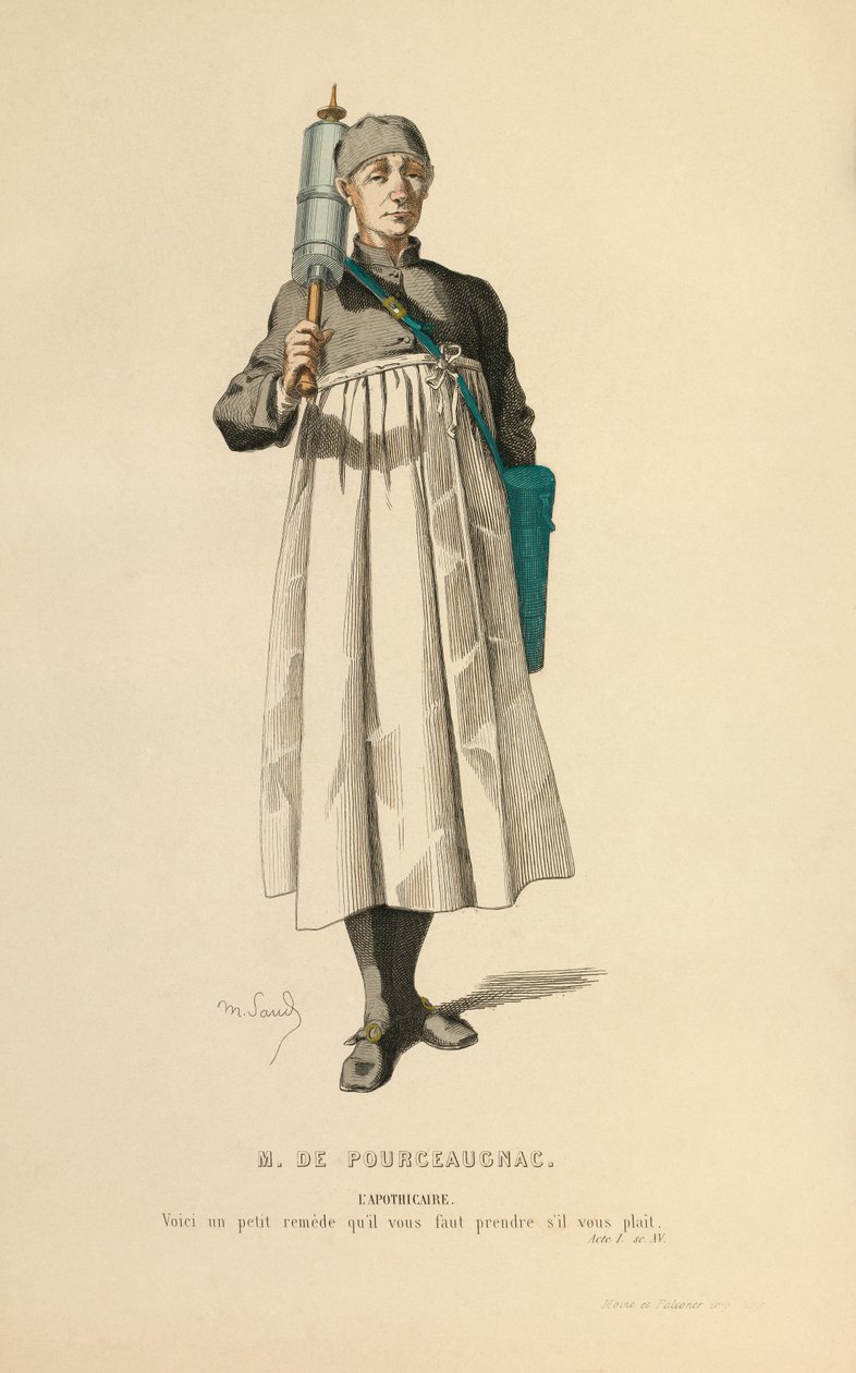 Kostým pro roli lékárníka, asi 1868 (rytina) od Maurice Sand