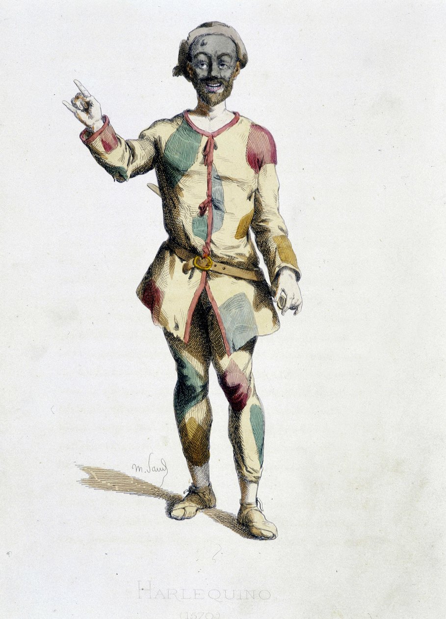 Harlekýn (Arlechino) čerpá z „“ Masques et bouffons““ (italská komedie), text a kresby Maurice Sand, grafiky A. Manceau, předmluva Georges Sand od Maurice Sand