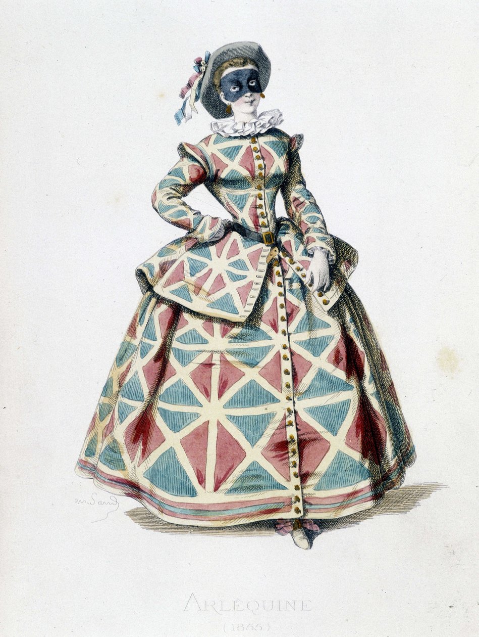 Kostým a maska Harlekýna v roce 1855, ženská postava Harlekýna v commedia dell
