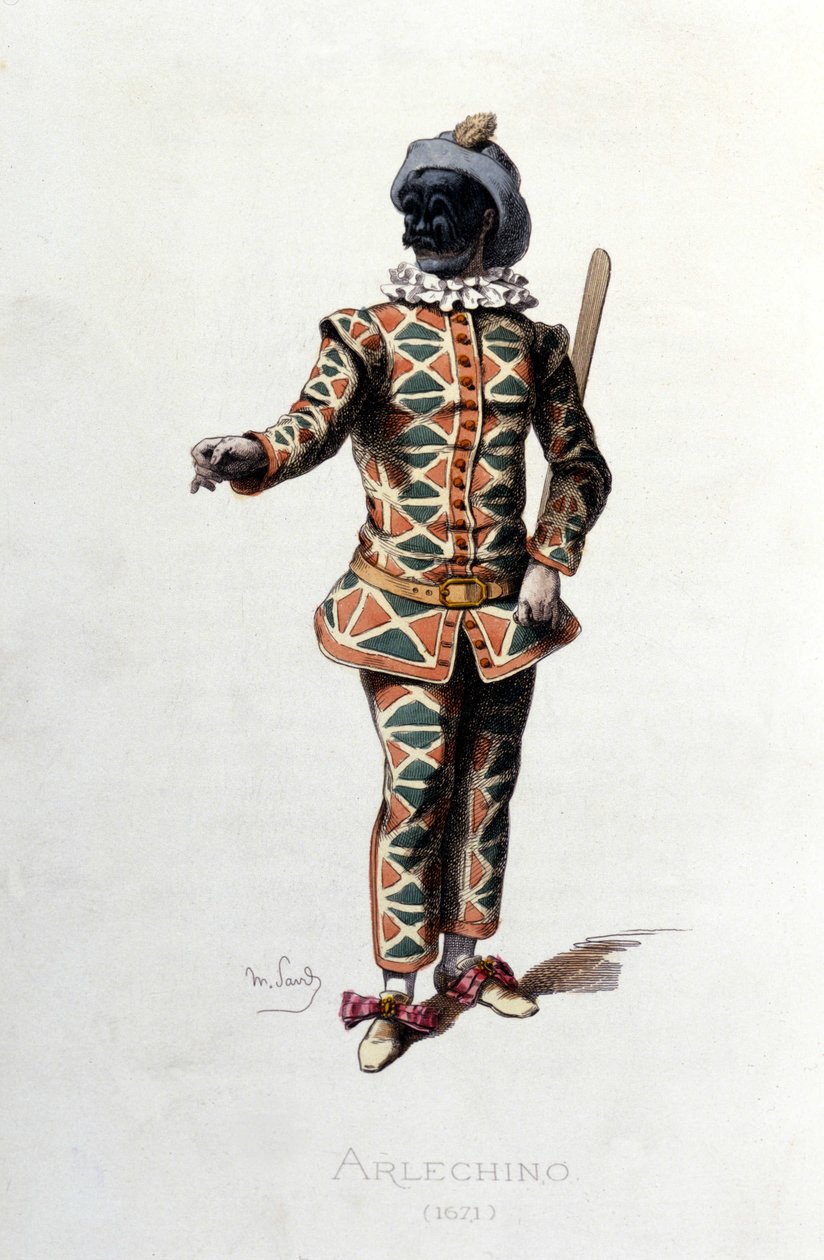 Harlekýn v roce 1671. Maurice Sand „“ Masky a šašky““ Paříž 19. století. (Maurice Sand byl syn George Sandové). od Maurice Sand