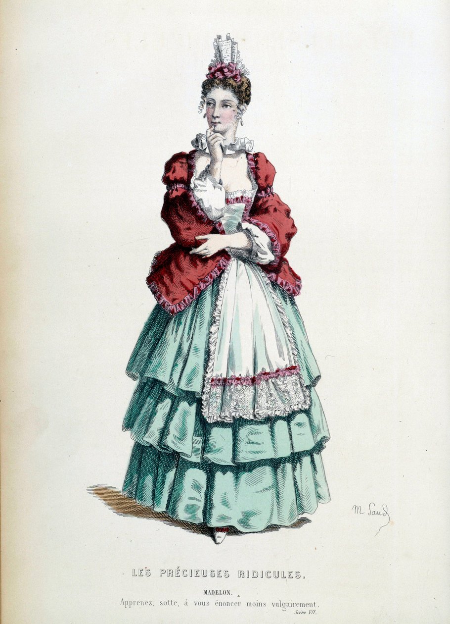 Kostým Madelon v díle „Les precieuses vysmívající se“ od Jeana Baptista Poquelina dit Moliere, ilustrovaný Mauricem Sandem (1823-1889). 1868. Paříž, francouzská komedie od Maurice Sand