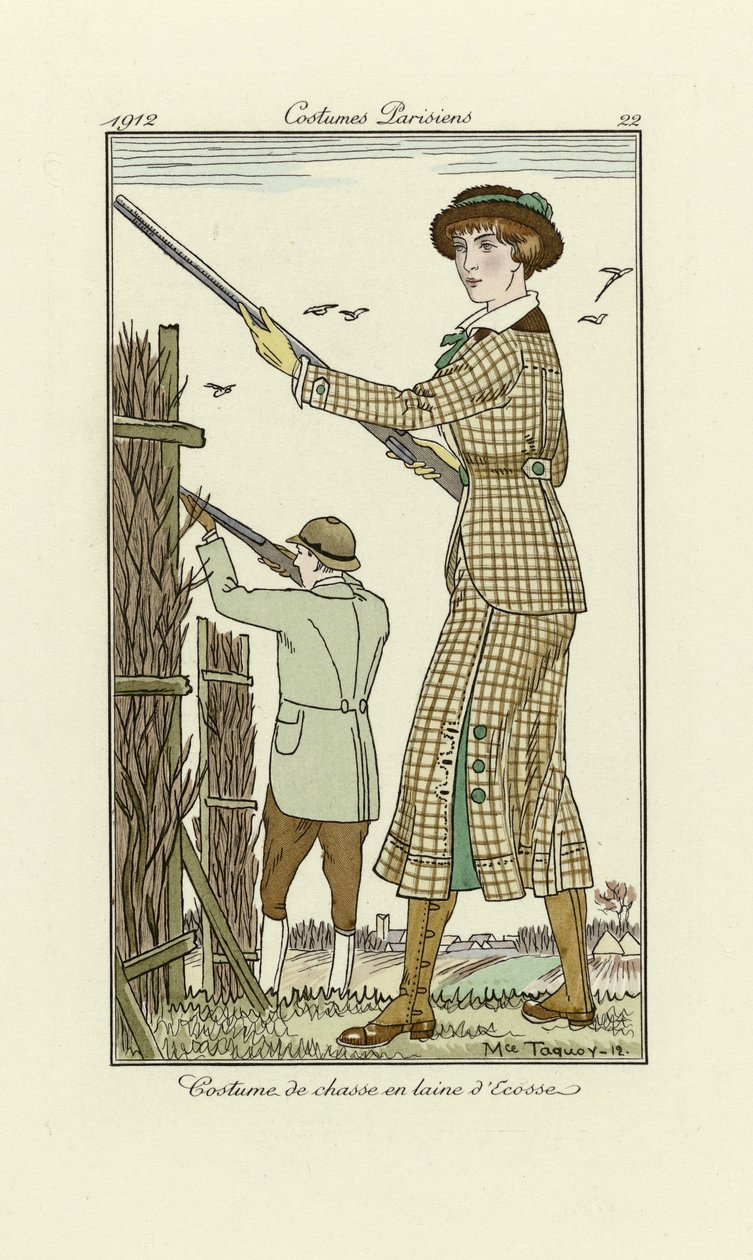 Design pro dámské tweedové střelecké oblečení, od Costumes Parisien, pub. 1912 (pochoir print) od Maurice Taquoy