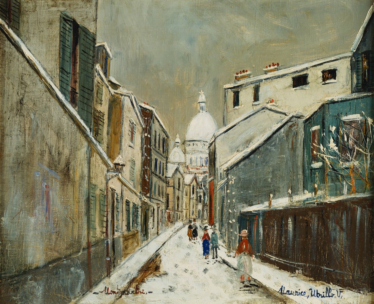 Ulice St. Rustique pod sněhem, Montmartre, kolem roku 1939 (olej na plátně) od Maurice Utrillo