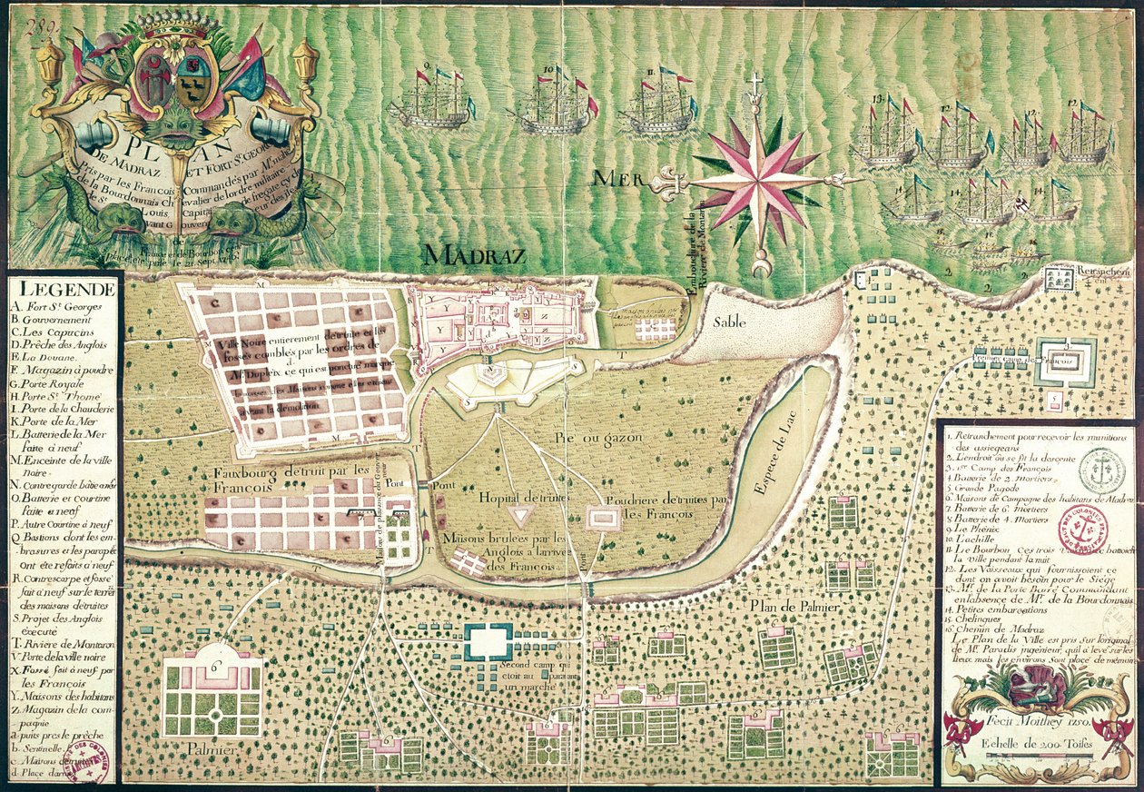 Mapa Madrasu v době dobytí města a pevnosti St. George v roce 1746 Francouzi pod velením Mahe de la Bourdonnais, 1750 9barevná rytina) od Maurille Antoine Moithey
