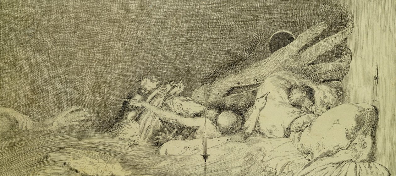 Úzkost ze série deseti desek z „Parafráze na objevení rukavice“, vydané v roce 1881 (vypraný indický inkoust a pero) od Max Klinger