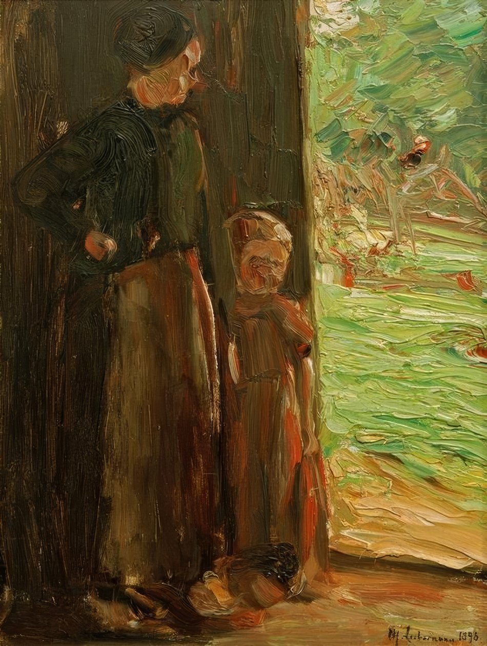 Rolnická žena s dítětem pod dveřmi od Max Liebermann