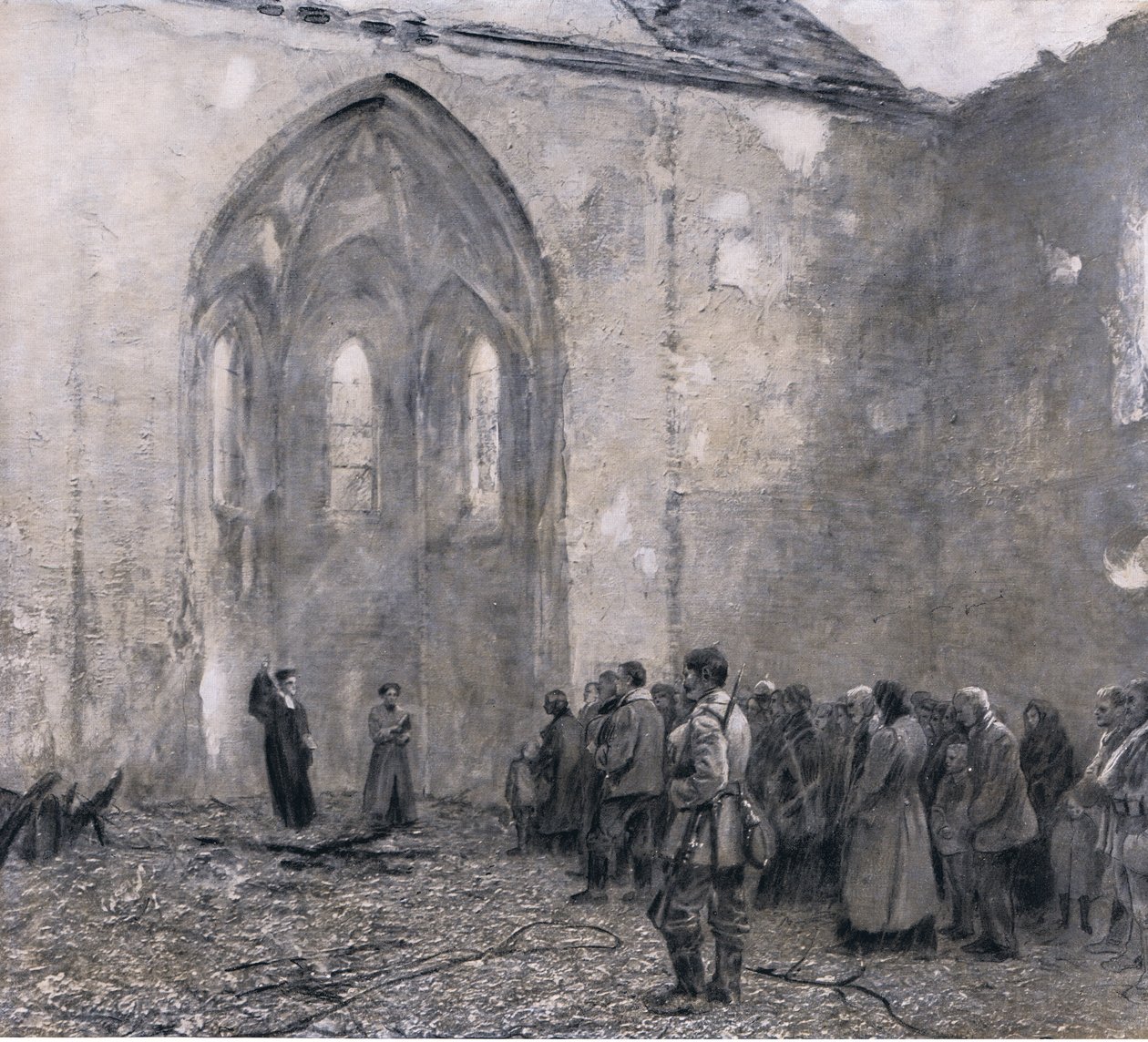 Východní Prusko po ruských „dnech teroru“. První bohoslužba ve zdevastovaném kostele v Lucku, ilustrace z Hindenburgu vydaná Daterlandischer Derlag C U Weller Berlin, 1922 od Max Rabes