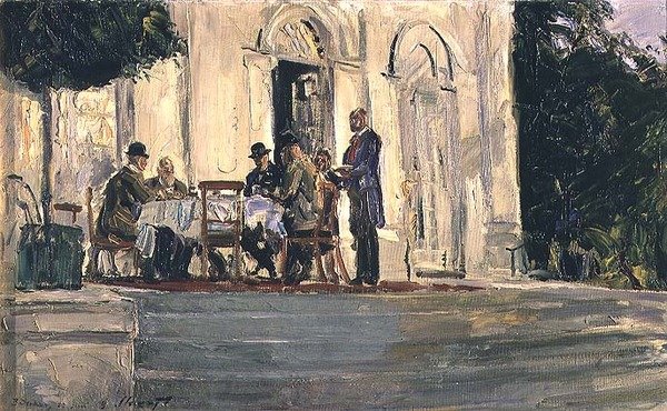 Večeře na terase Badenburg na zámku Nymphenburg, 1908 od Max Slevogt