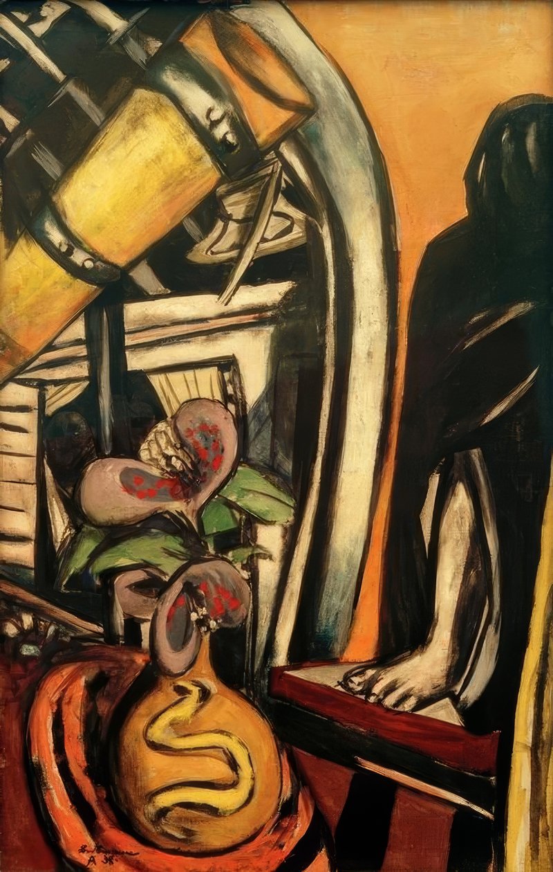 Ateliér (noc). Zátiší s dalekohledem a zahalenou postavou od Max Beckmann