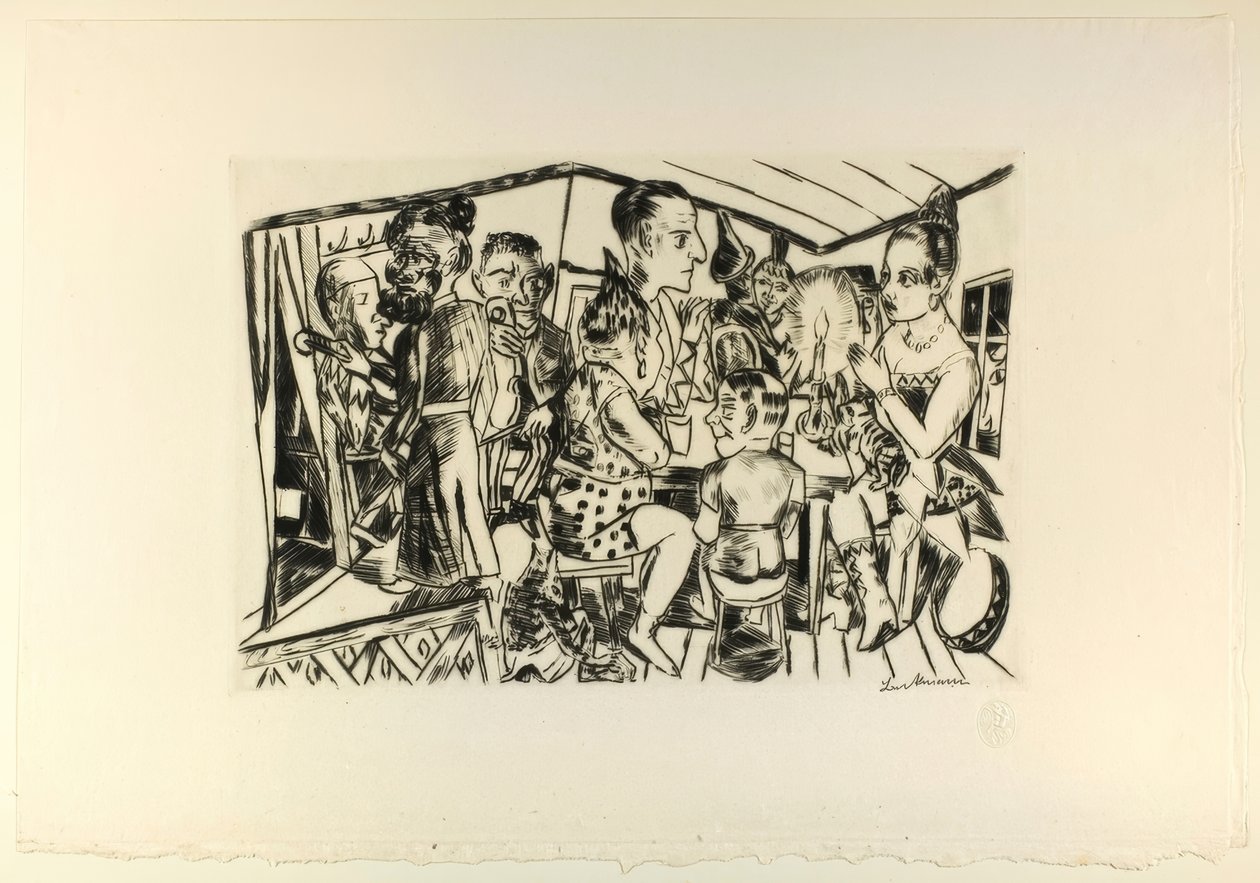 Za scénou, deska tři z Jahrmarktu od Max Beckmann
