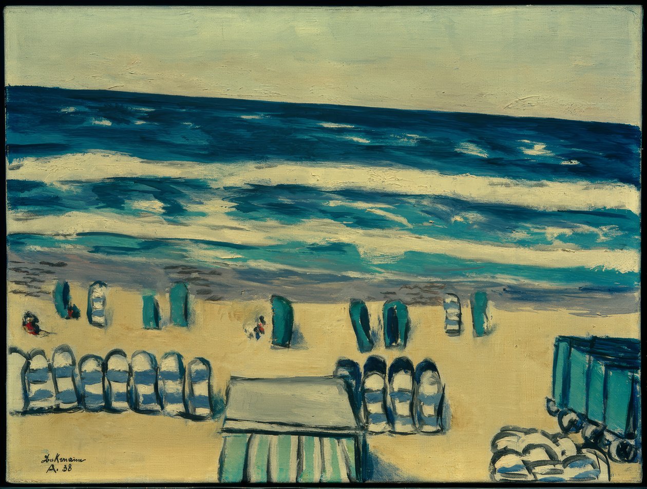 Modré moře s plážovými lehátky od Max Beckmann