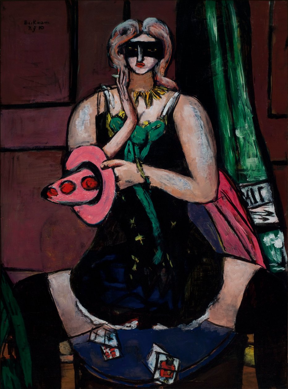 Karnevalová maska, zelená, fialová a růžová (Columbine) od Max Beckmann