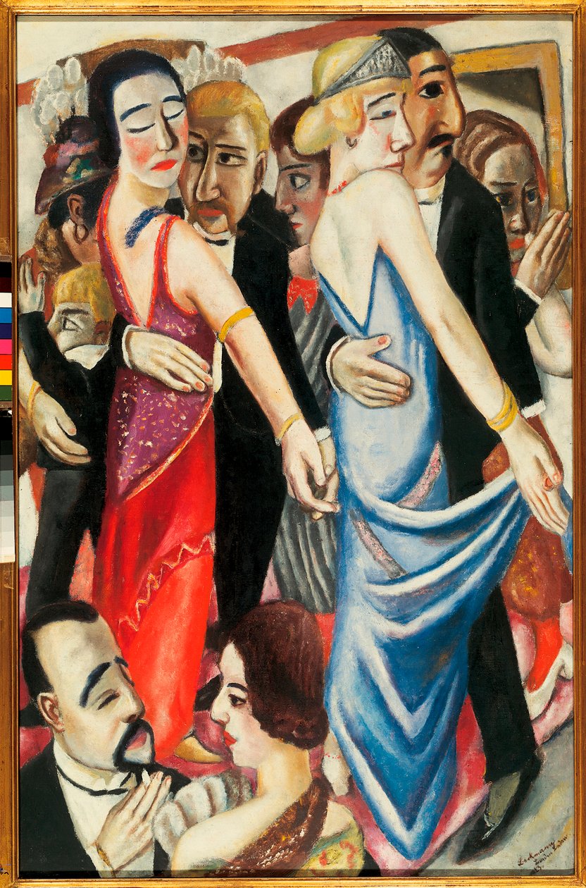 Tanec v Baden Baden (Německo). Popis párů ve večerních šatech se smutnými pohledy. Obraz Maxe Beckmanna (1884-1950), olej na plátně od Max Beckmann