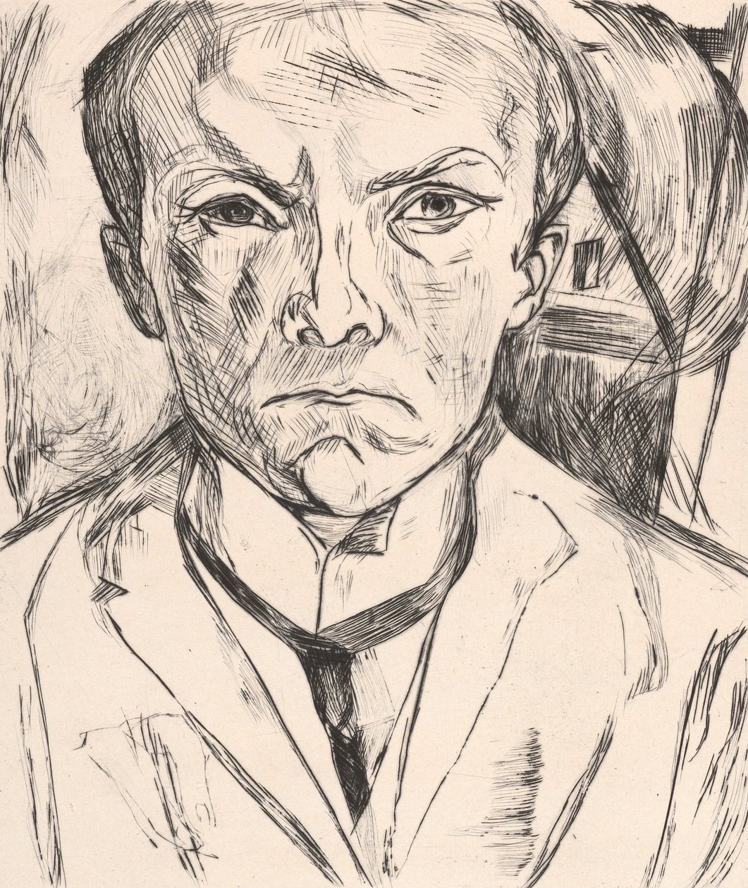 Čelní autoportrét s domovním štítem v pozadí od Max Beckmann