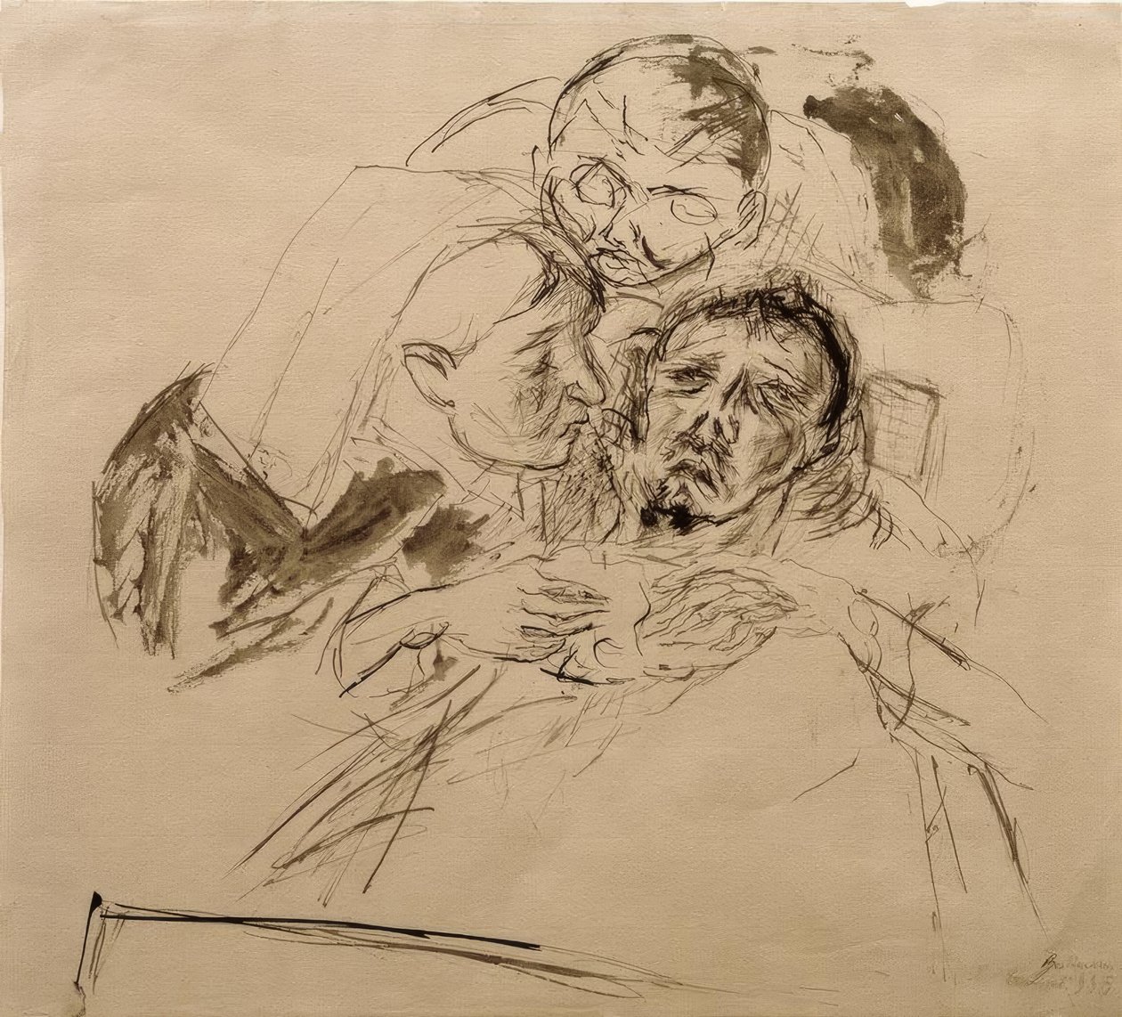 Sestra a mužská postava, skloněná nad nemocnou osobou od Max Beckmann