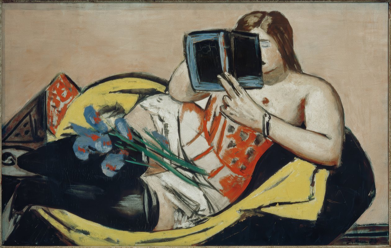 Ležící žena s knihou a kosatci od Max Beckmann