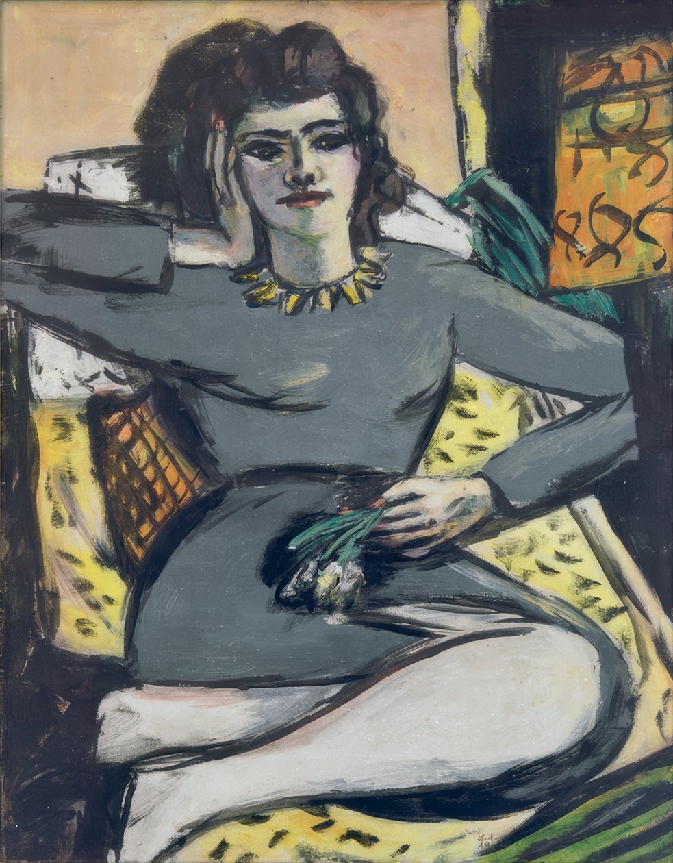 Odpočívající žena s karafiáty, portrét Quappi od Max Beckmann