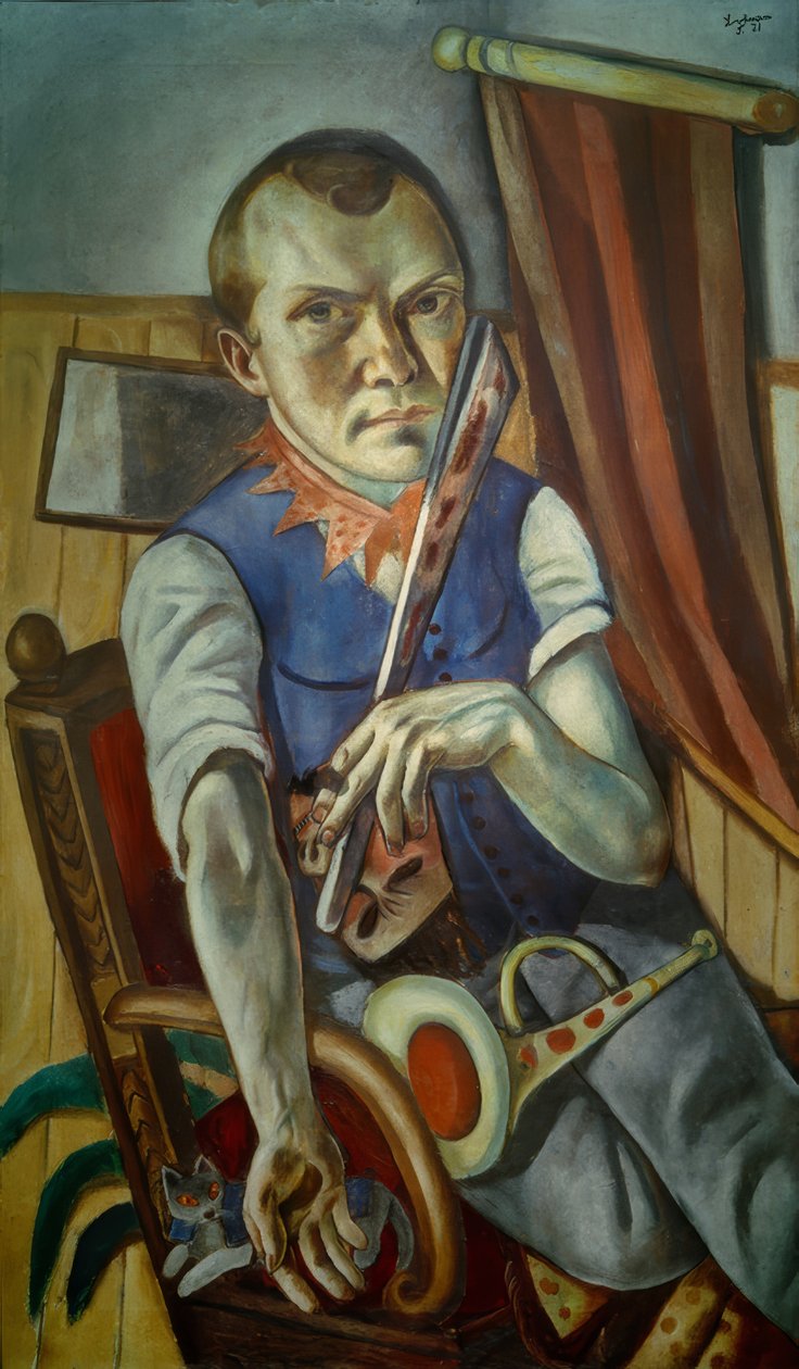 Autoportrét s postýlkou ​​a trubkou (autoportrét jako klaun) od Max Beckmann