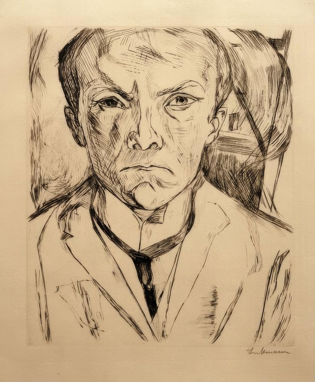 Autoportrét zepředu, v pozadí štít domu od Max Beckmann