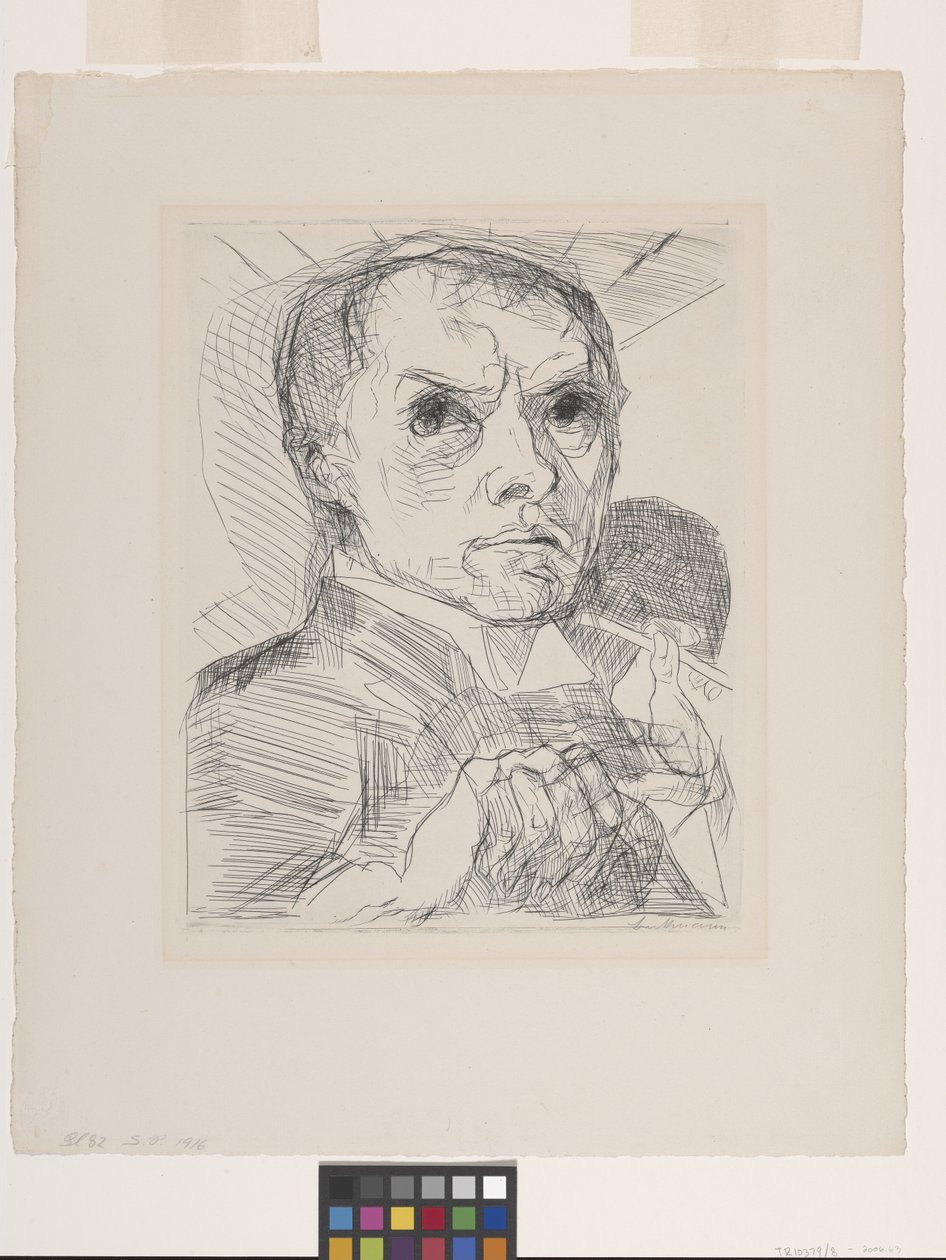 Autoportrét se stylusem (suchá jehla na špinavě bílý papír) od Max Beckmann