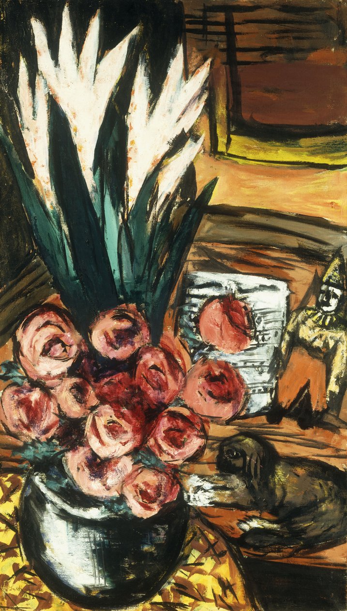 Zátiší s červenými růžemi a Butchy; Stillben mit Roten Rosen und Butchy od Max Beckmann