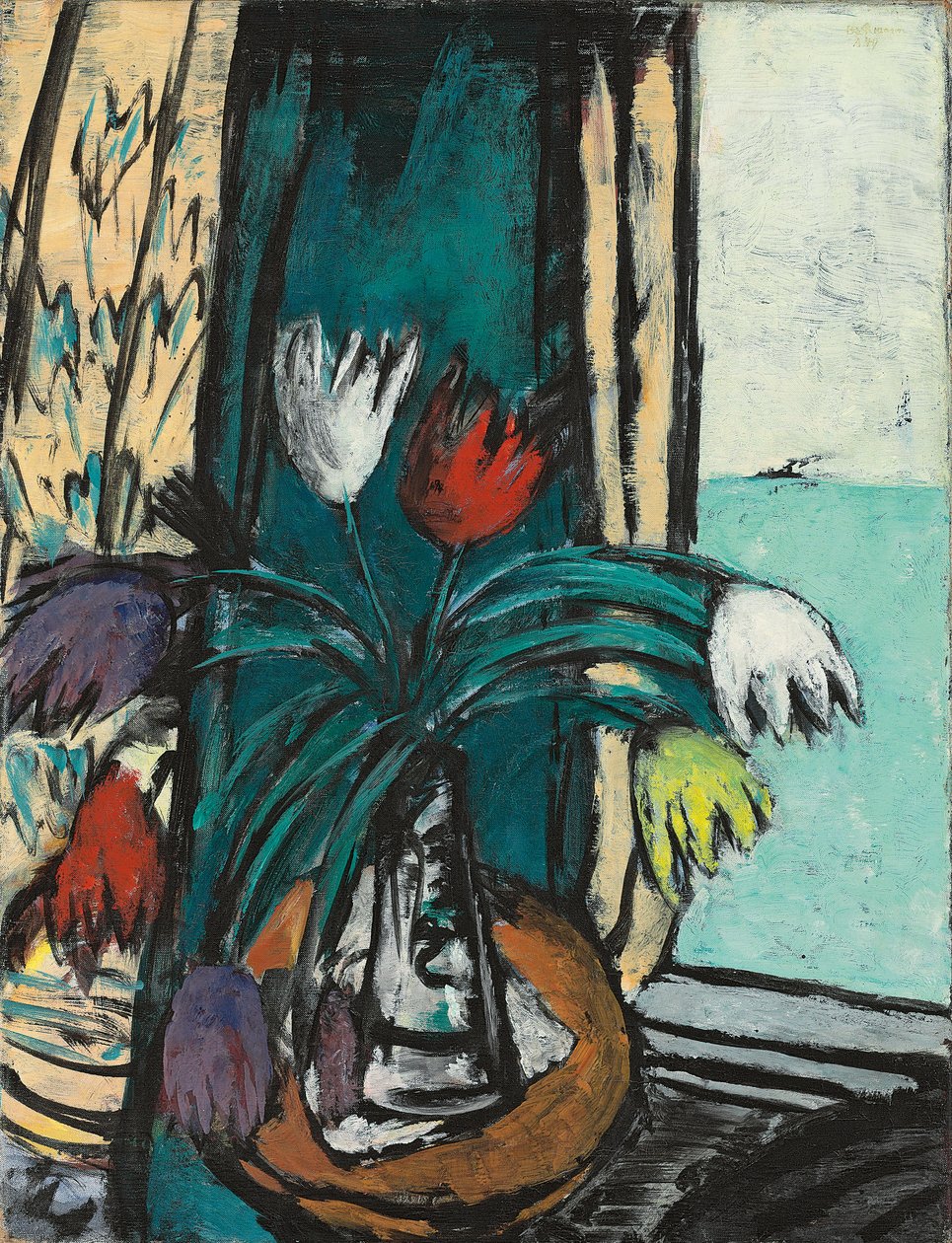 Zátiší s tulipány a výhledem na moře od Max Beckmann