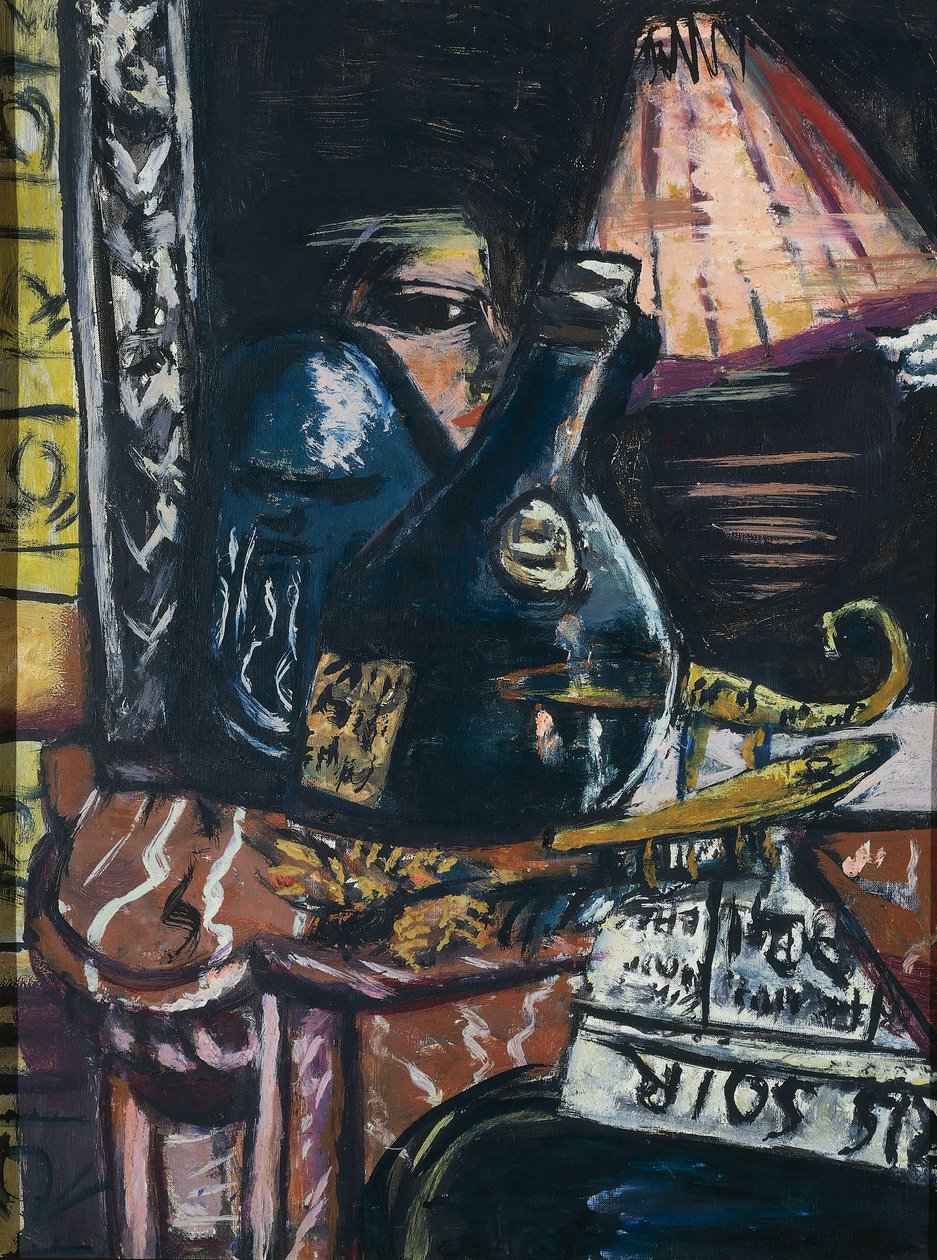 Still life s nahnutou lahví pálenky a Buddhou od Max Beckmann