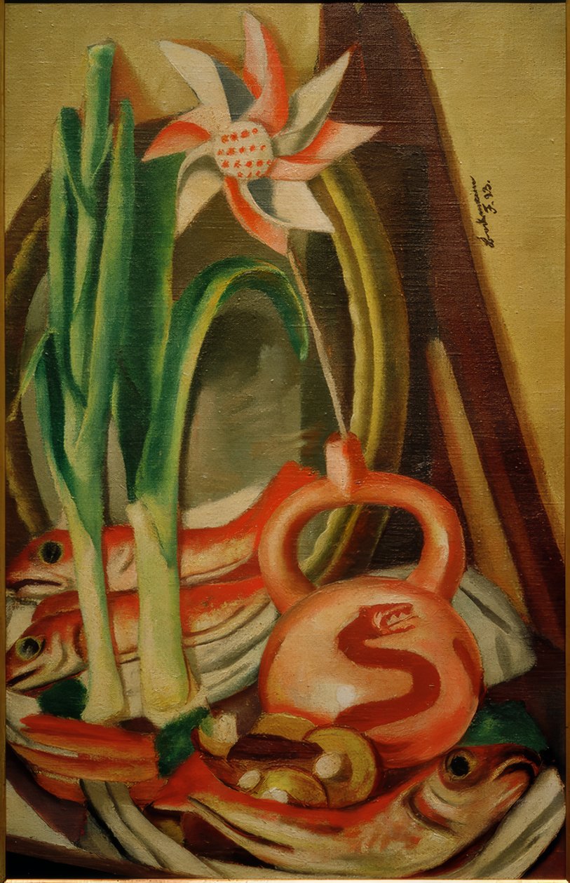 Zátiší s rybami a papírovou květinou od Max Beckmann