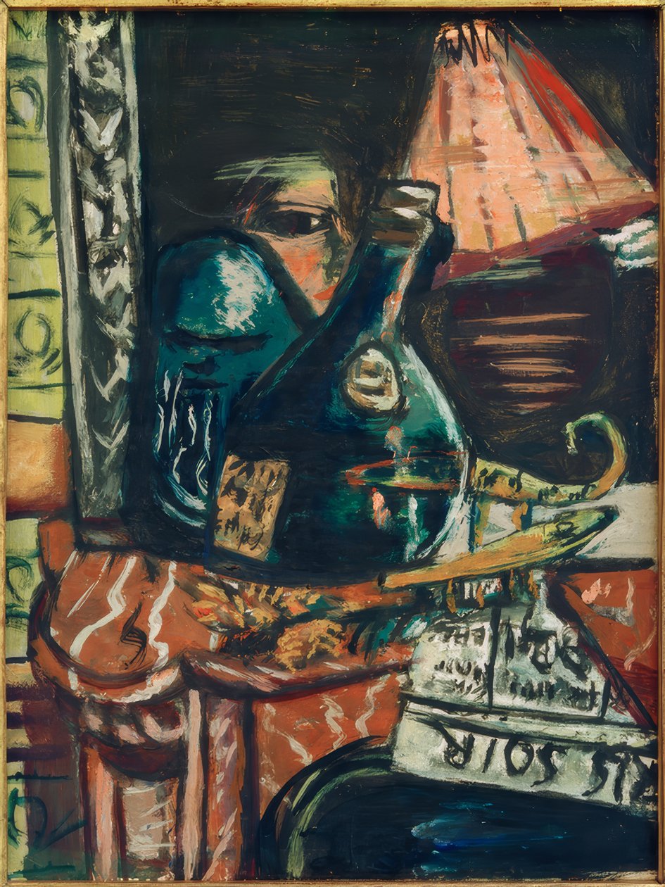 Zátiší s naklánějící se lahví alkoholu a Buddhou od Max Beckmann