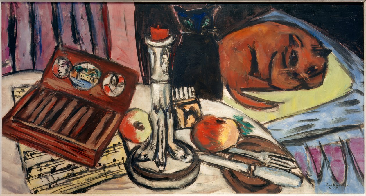 Zátiší se stříbrnými svícny (Zátiší s kočkami) od Max Beckmann