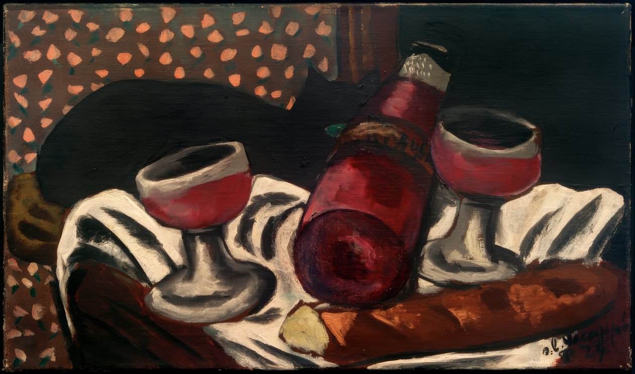 Zátiší se sklenkami na víno a kočkou od Max Beckmann