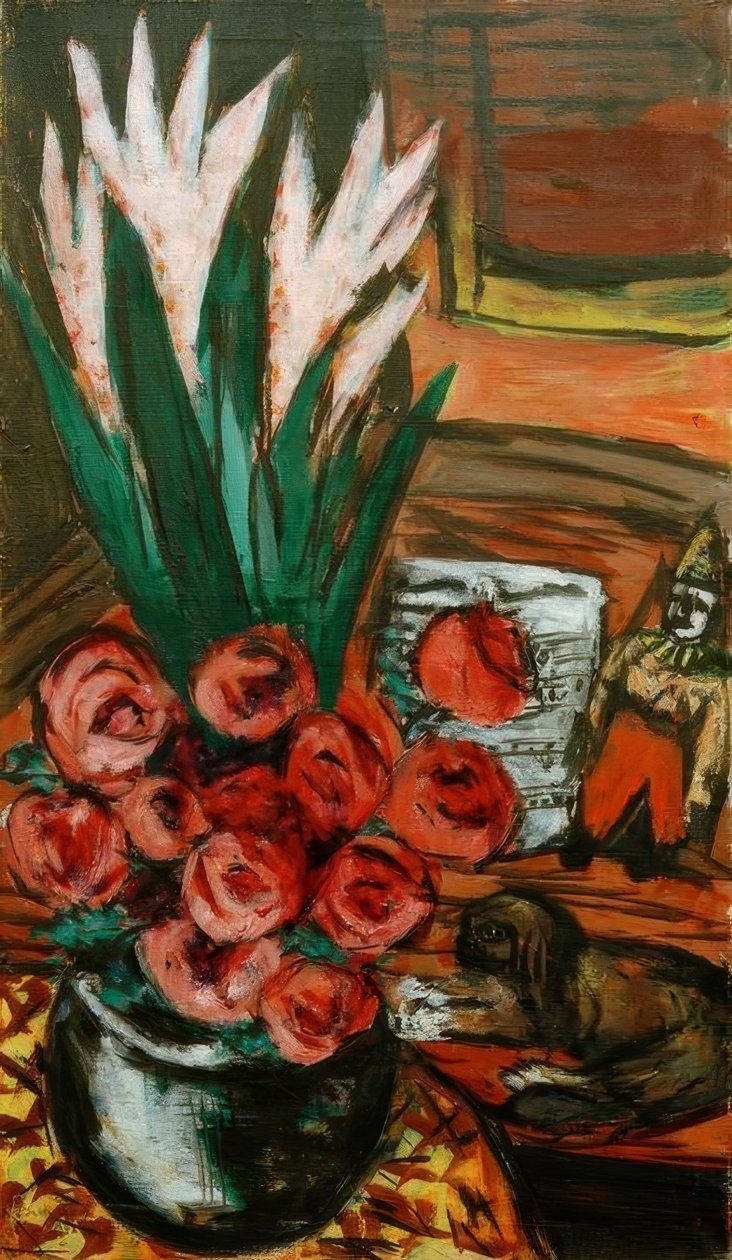 Zátiší s červenými růžemi a butchy od Max Beckmann