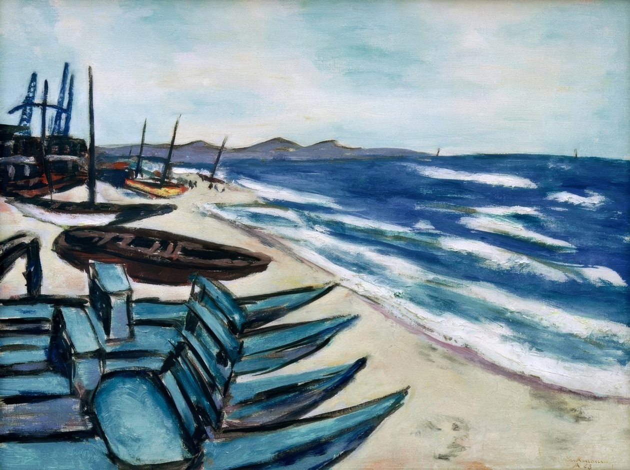 Pláž s loděmi na riviéře od Max Beckmann